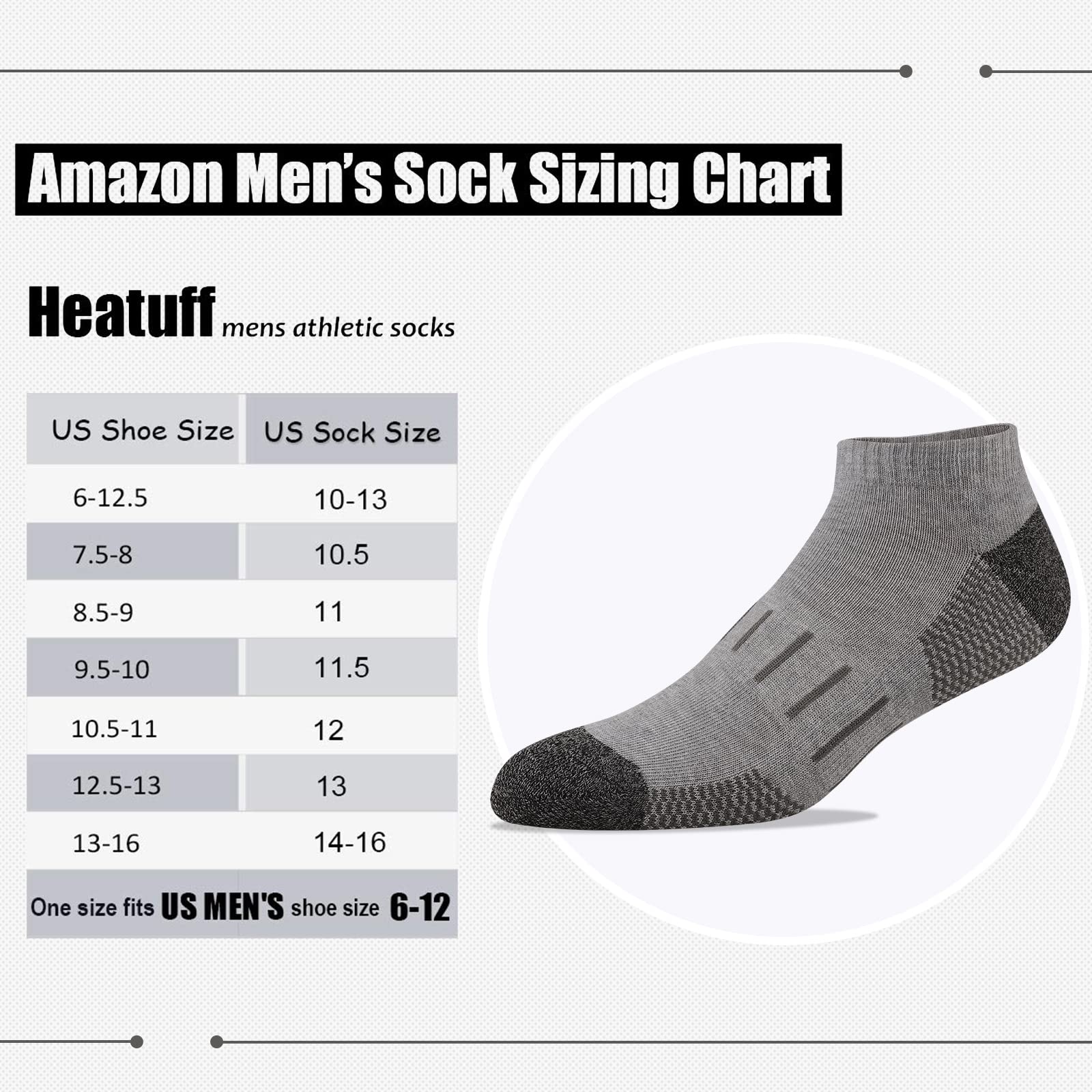 Heatuff Mens Athletic Ankle Socks Moisture Wicking Cushion Running Low Cut Sock 6 Pack