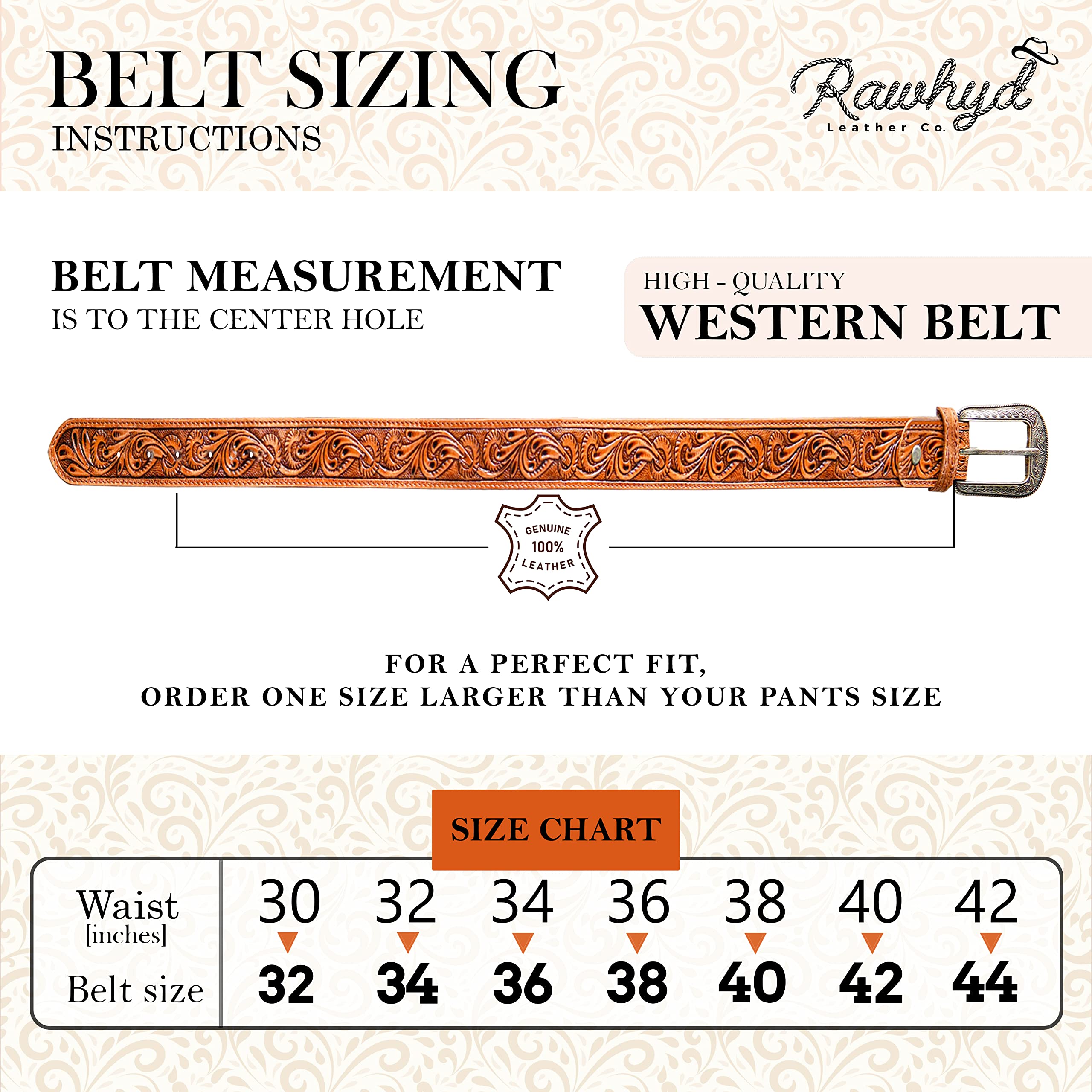 RAW HYD Leather Western Belts for Men - Cowboy Belts for Men - Mens Western Belt w/Buckle - 1.5" Wide Mens Cowboy Belt