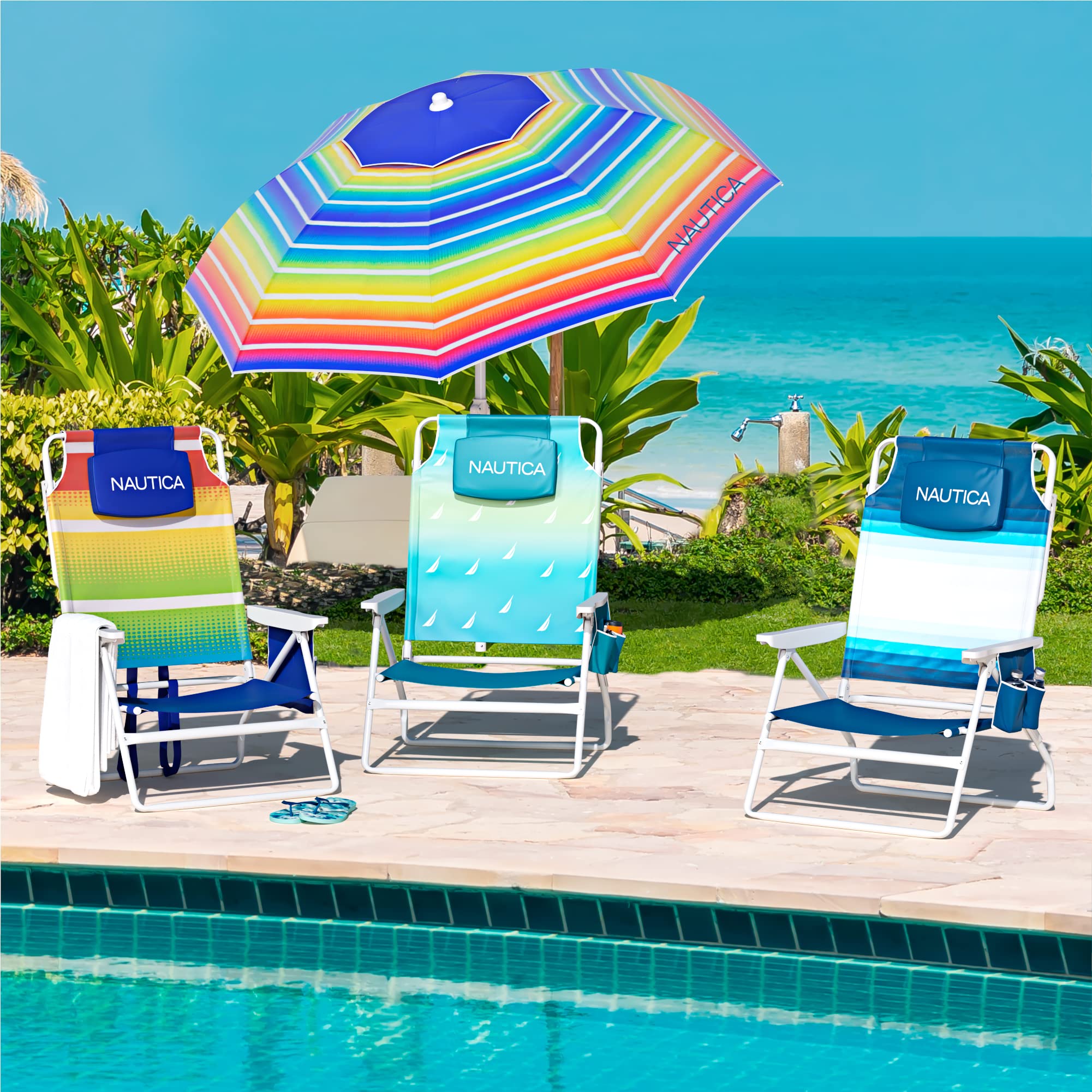 Nautica Beach Chairs for Adults 2 Pack - 5 Position Reclining Beach Chair for Sand, Lightweight, Easy to Carry + Heavy Duty, Best Adjustable & Folding Beach Chairs for Adults with Cup Holder & Pillow