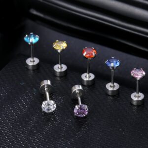 Leocuci Stainless Steel Flat Back Stud Earrings for Women Screw Back Twist Cartilage Earring Surgical Steel Colorful CZ Earrings 20g 4mm