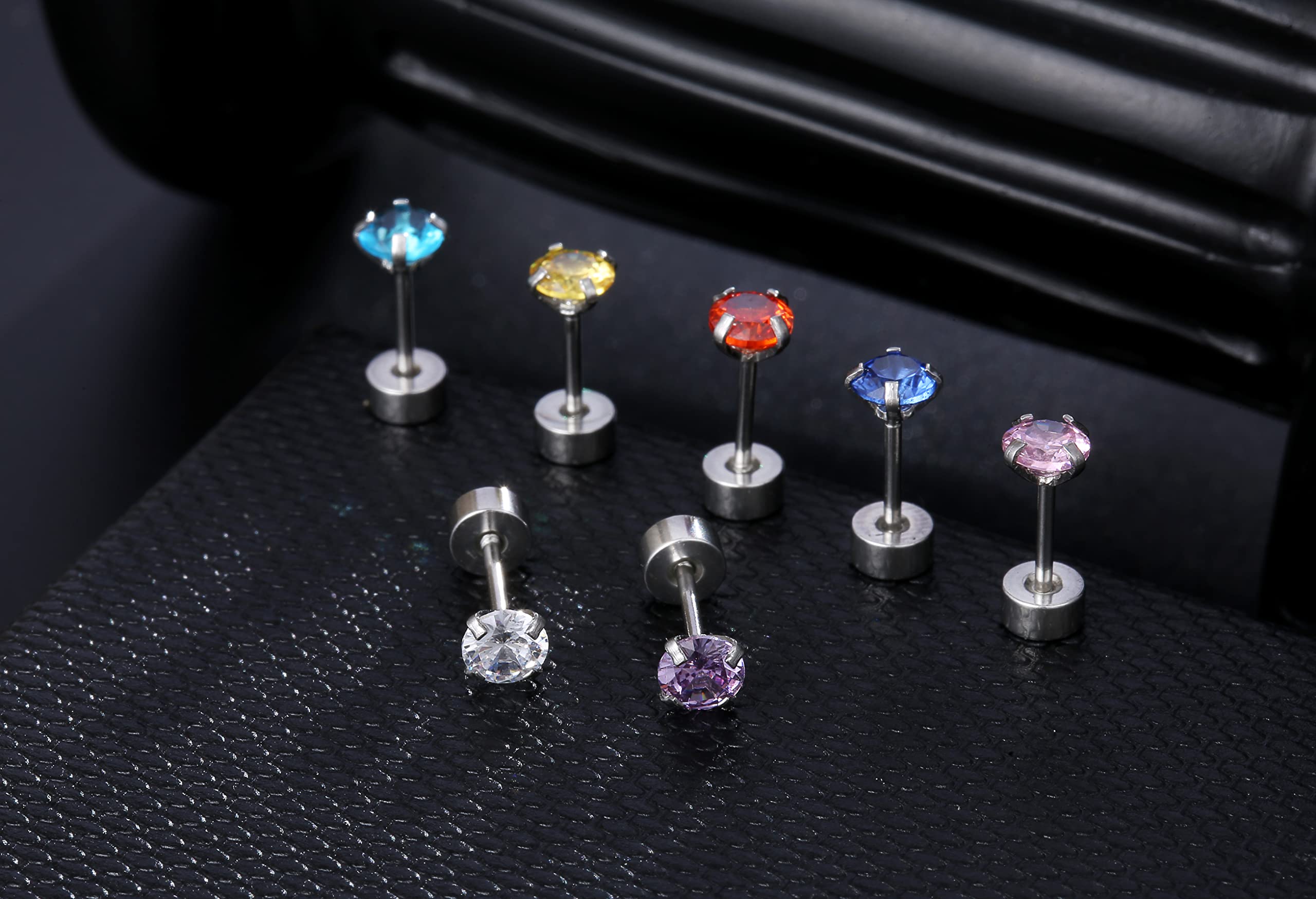 Leocuci Stainless Steel Flat Back Stud Earrings for Women Screw Back Twist Cartilage Earring Surgical Steel Colorful CZ Earrings 20g 4mm