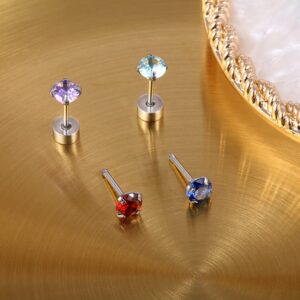 Leocuci Stainless Steel Flat Back Stud Earrings for Women Screw Back Twist Cartilage Earring Surgical Steel Colorful CZ Earrings 20g 4mm