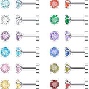 Leocuci Stainless Steel Flat Back Stud Earrings for Women Screw Back Twist Cartilage Earring Surgical Steel Colorful CZ Earrings 20g 4mm