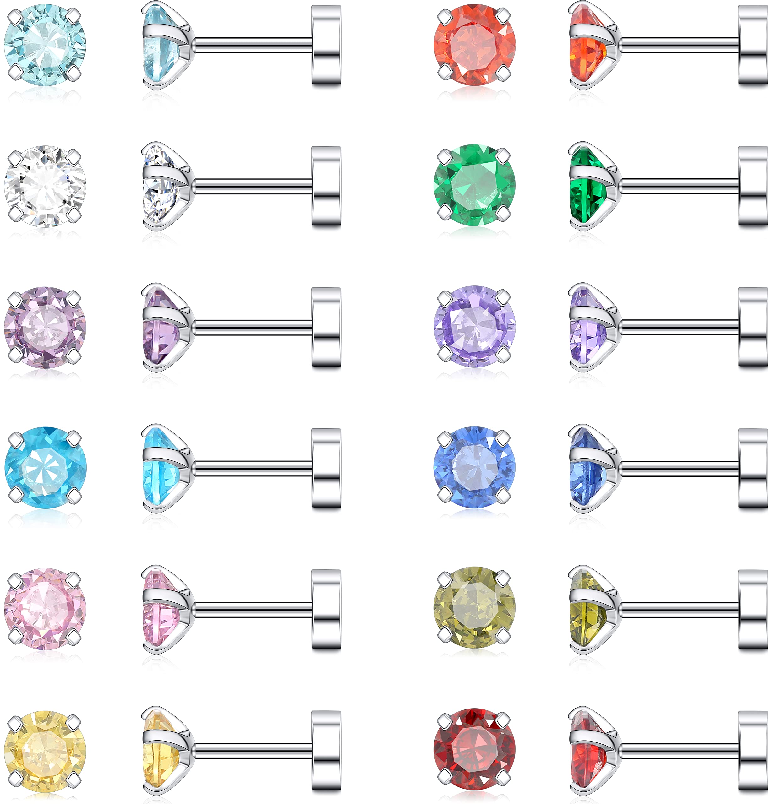 Leocuci Stainless Steel Flat Back Stud Earrings for Women Screw Back Twist Cartilage Earring Surgical Steel Colorful CZ Earrings 20g 4mm