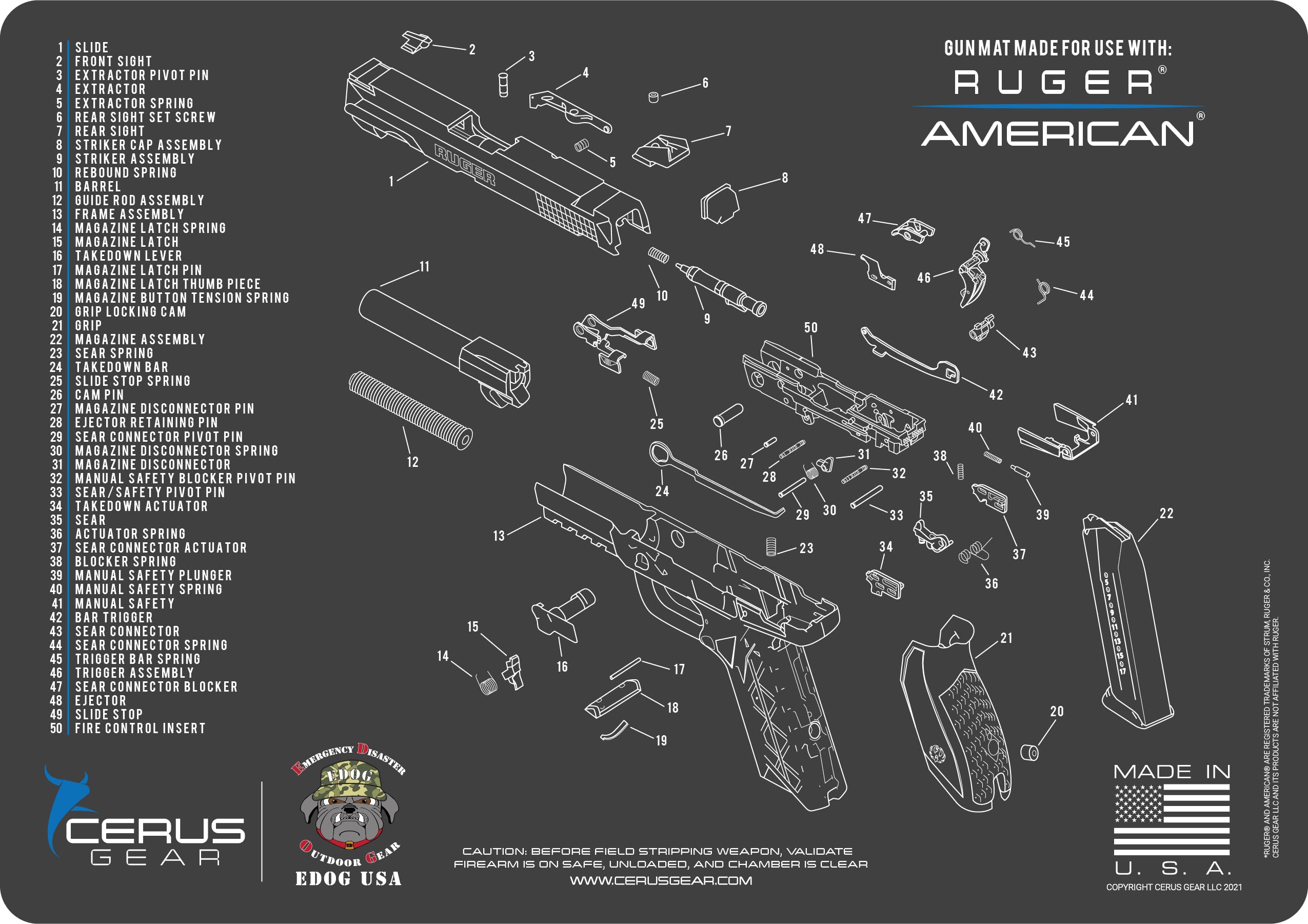 American Gun Cleaning Mat - Schematic (Exploded View) Diagram Compatible with Ruger American Series Pistol 3 mm Padded Pad Protect Your Firearm Magazines Bench Surfaces Gun Oil Solvent Resistant