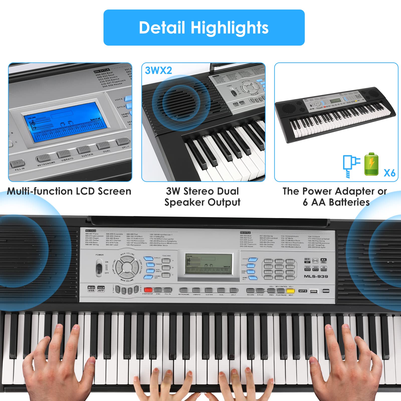 MAMIZO 61 Key Keyboard Piano, Electric Piano Keyboard for Beginners with X-Stand, Stool, Microphone, Dual Power Supply, 3 Teaching Modes, LCD, Supports USB MIDI, Perfect for Children