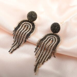 SLODEN Basic Fringe Linear Drop Earrings Rhinestones Tassel Chandelier Earrings for Women Dangle Drop Jewelry for Nightclub Party (Black)