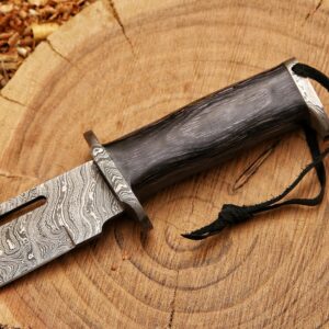 HK Handmade 13″Hunting Bowie Knife,Forged Damascus Bushcraft knife,knives for men with gray pakkawood Handle & leather sheath,damascus knife best for Outdoor & Indoor Camping,Survival,Skinning