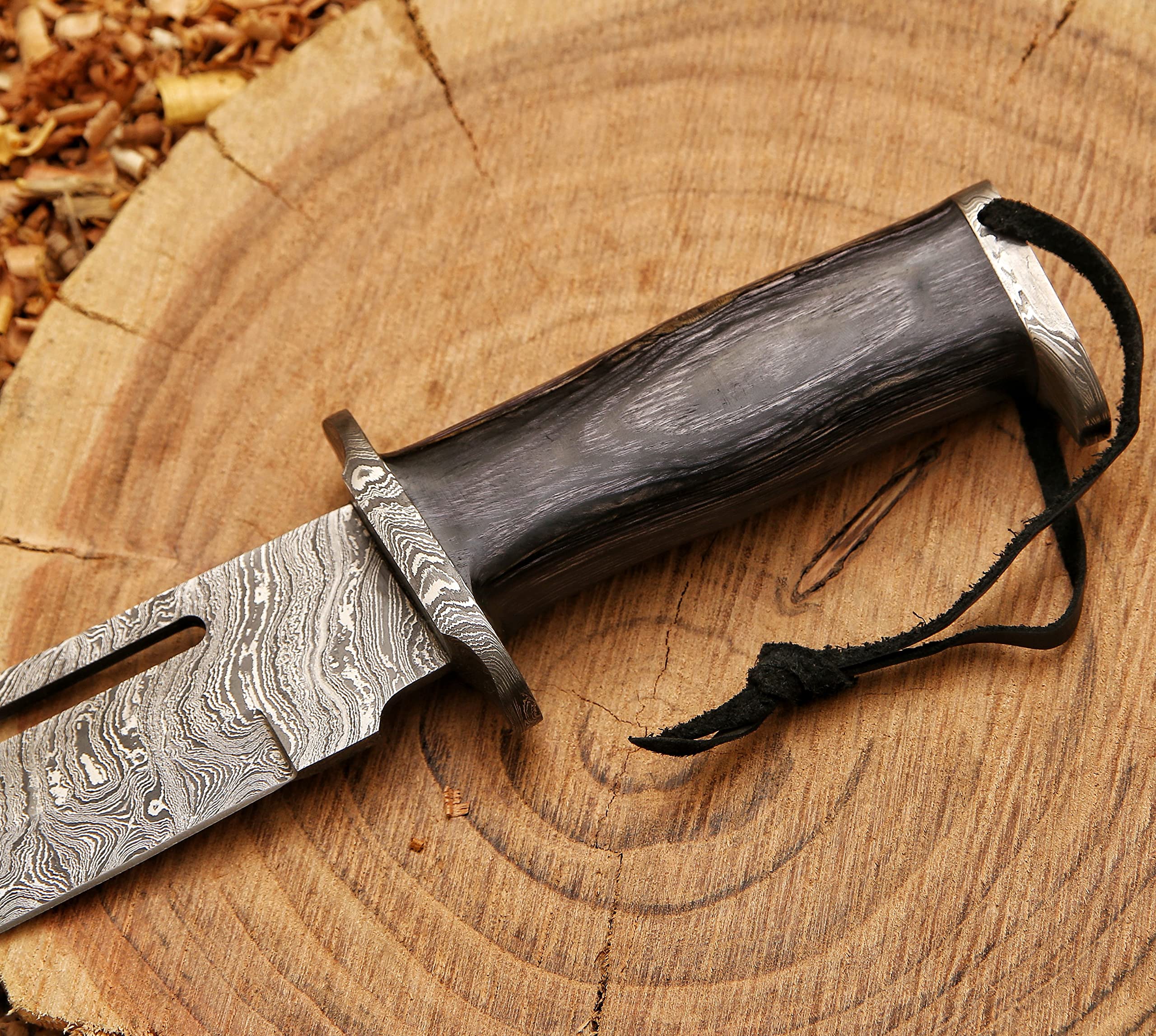 HK Handmade 13″Hunting Bowie Knife,Forged Damascus Bushcraft knife,knives for men with gray pakkawood Handle & leather sheath,damascus knife best for Outdoor & Indoor Camping,Survival,Skinning