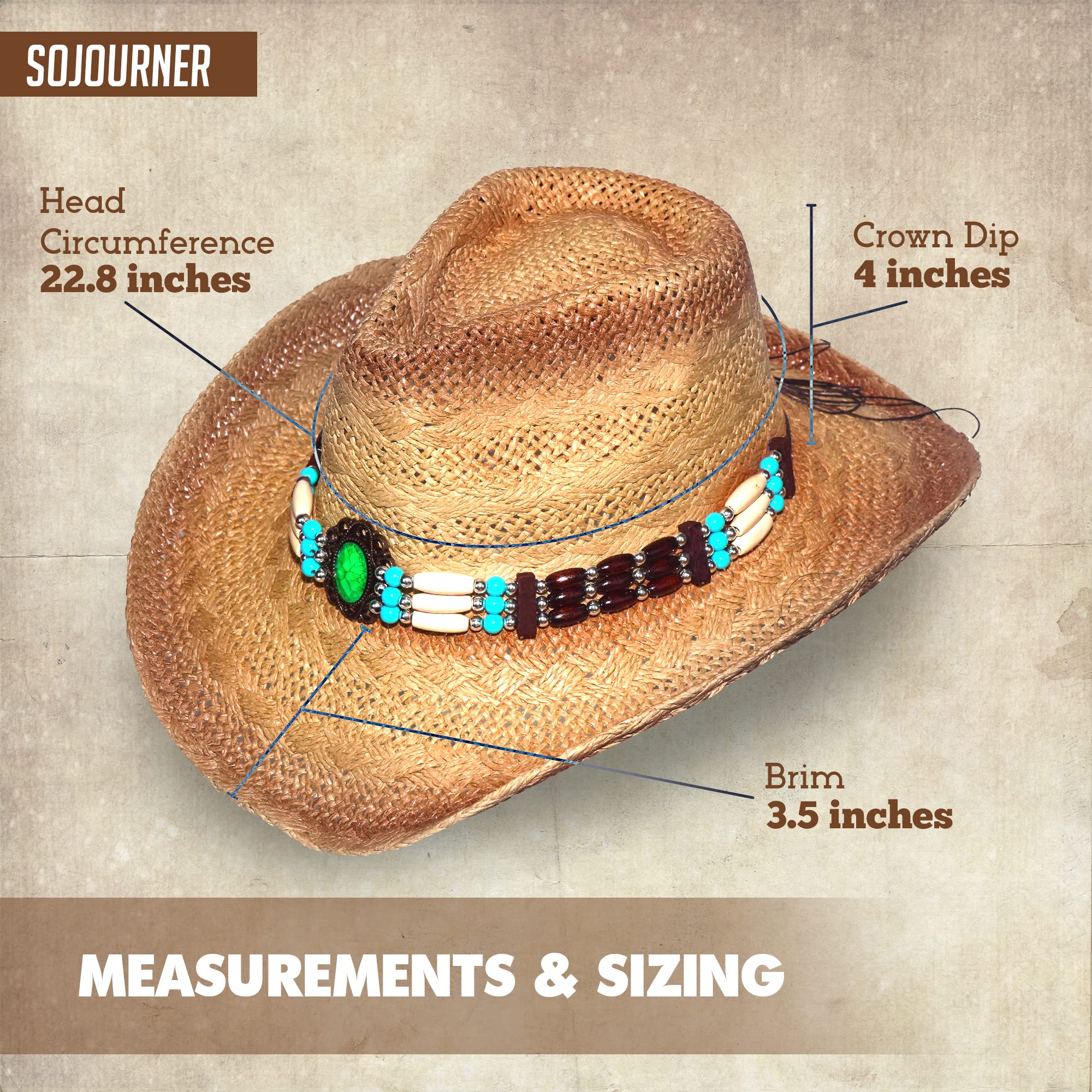 SoJourner Bags Straw Cowgirl/ Cowboy Hat for Women & Men - Cute Fun Hats for The Beach, Western Wear - Designed with Turquoise Beads Band and Adjustable Band