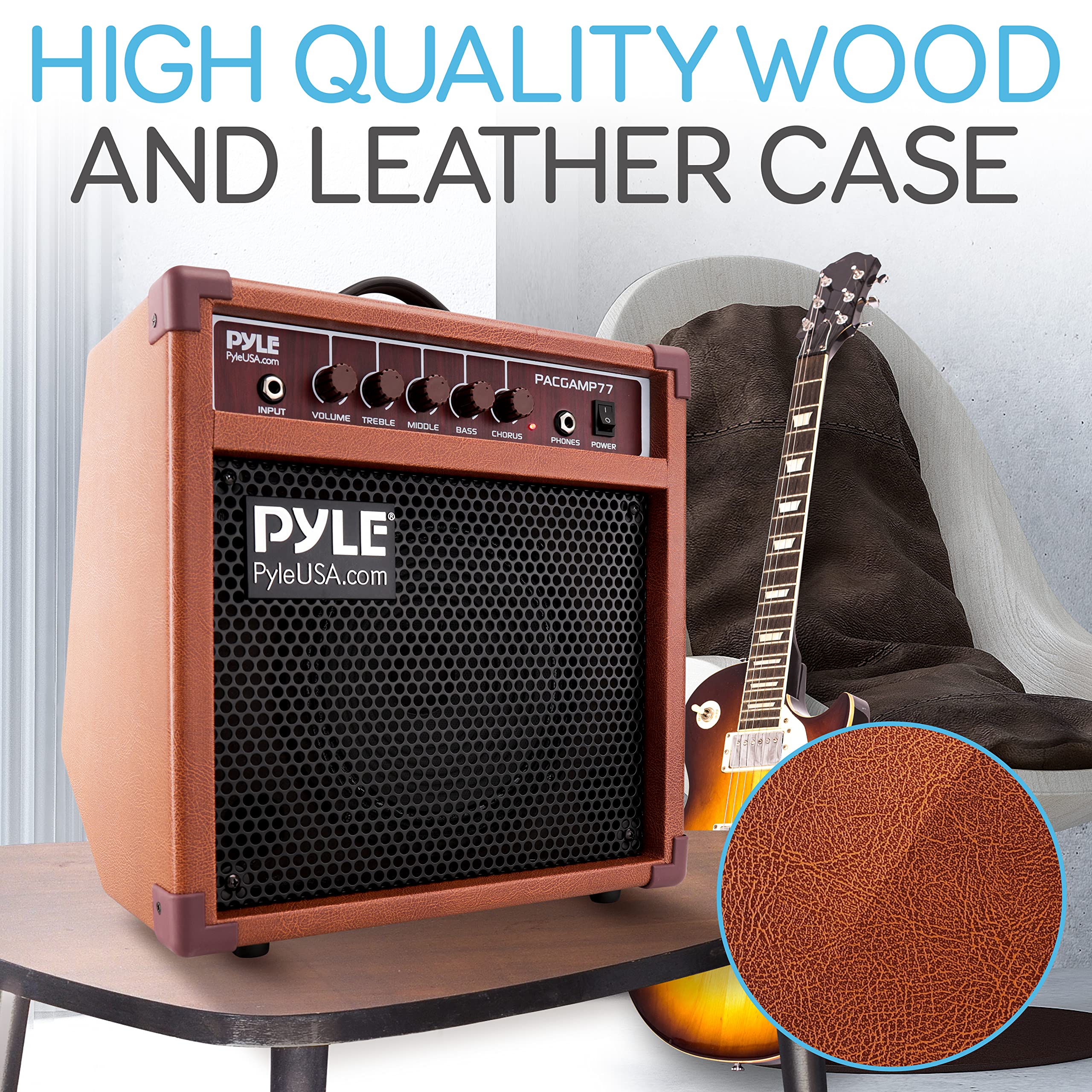 Pyle Acoustic Electric Guitar Amplifier, 15 Watt Portable Mini Amp with Chorus, Volume, Bass, Middle, and Treble Knobs, Headphone Output, Small 8 Inch Speaker for Practice and Portability