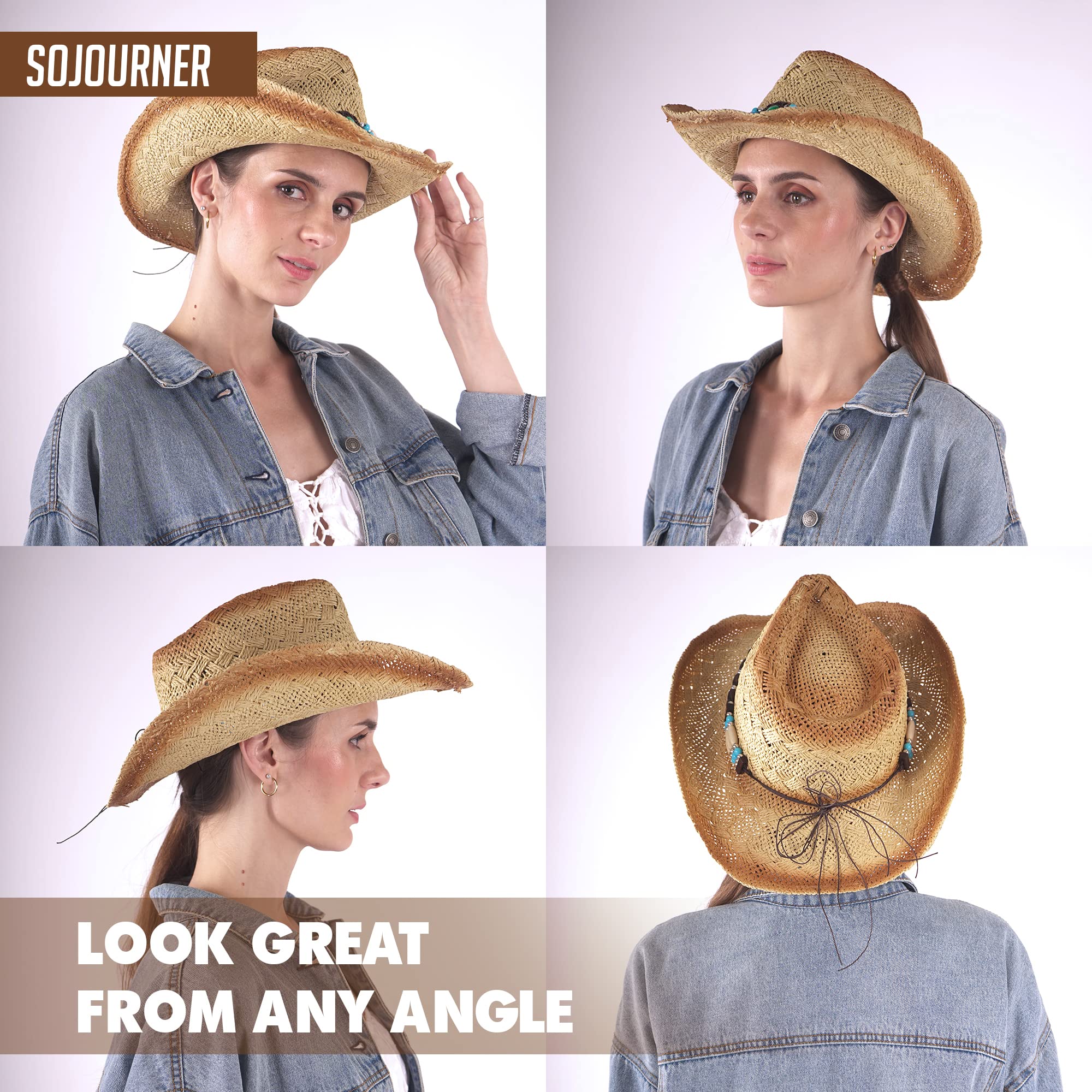 SoJourner Bags Straw Cowgirl/ Cowboy Hat for Women & Men - Cute Fun Hats for The Beach, Western Wear - Designed with Turquoise Beads Band and Adjustable Band