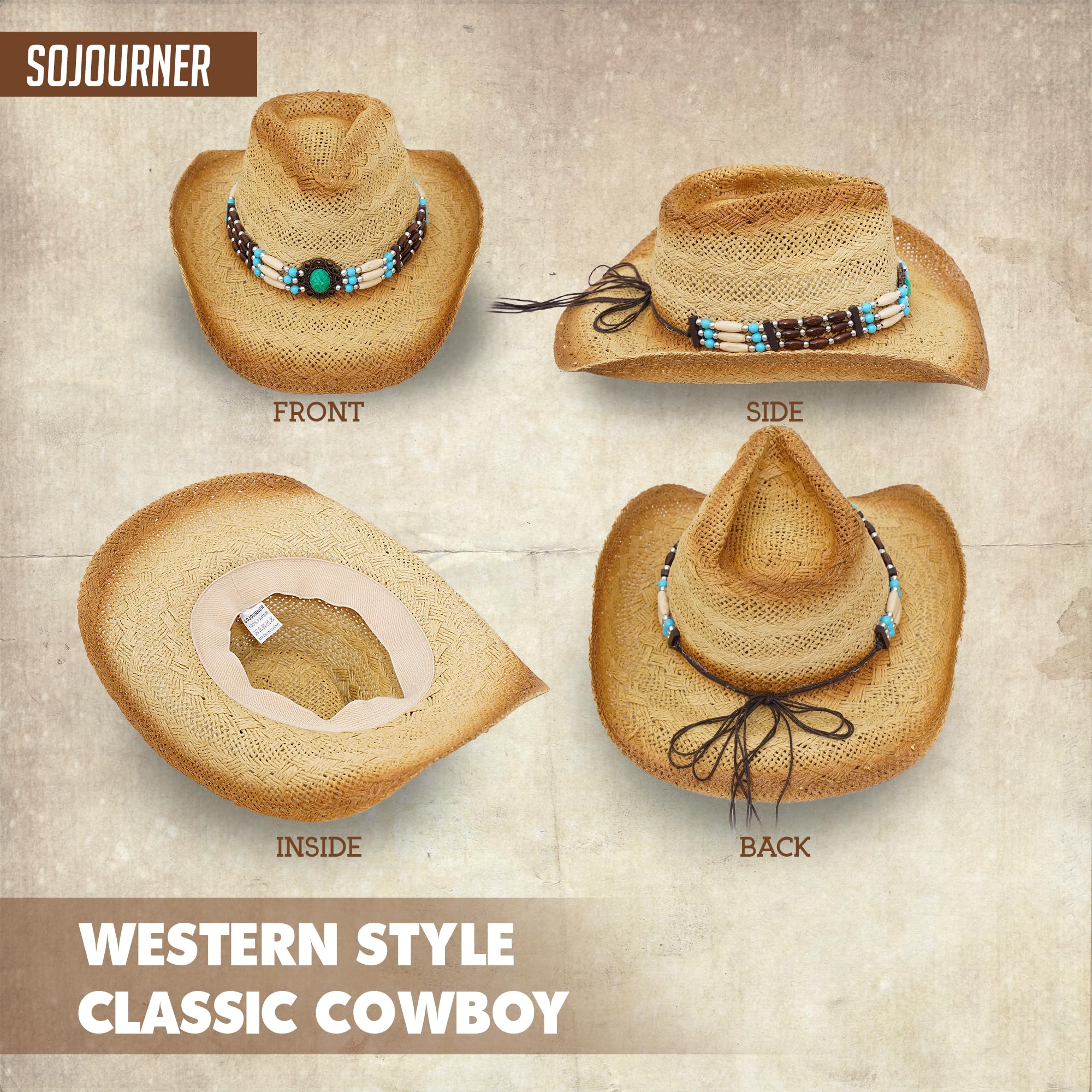 SoJourner Bags Straw Cowgirl/ Cowboy Hat for Women & Men - Cute Fun Hats for The Beach, Western Wear - Designed with Turquoise Beads Band and Adjustable Band