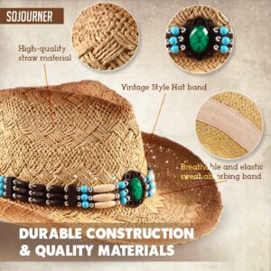 SoJourner Bags Straw Cowgirl/ Cowboy Hat for Women & Men - Cute Fun Hats for The Beach, Western Wear - Designed with Turquoise Beads Band and Adjustable Band