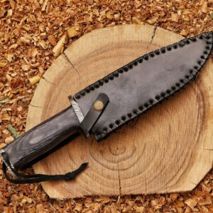 HK Handmade 13″Hunting Bowie Knife,Forged Damascus Bushcraft knife,knives for men with gray pakkawood Handle & leather sheath,damascus knife best for Outdoor & Indoor Camping,Survival,Skinning