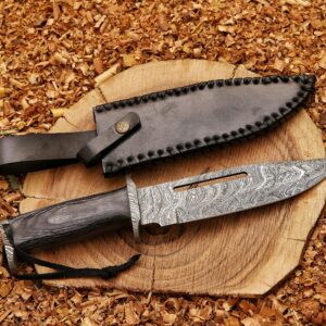 HK Handmade 13″Hunting Bowie Knife,Forged Damascus Bushcraft knife,knives for men with gray pakkawood Handle & leather sheath,damascus knife best for Outdoor & Indoor Camping,Survival,Skinning