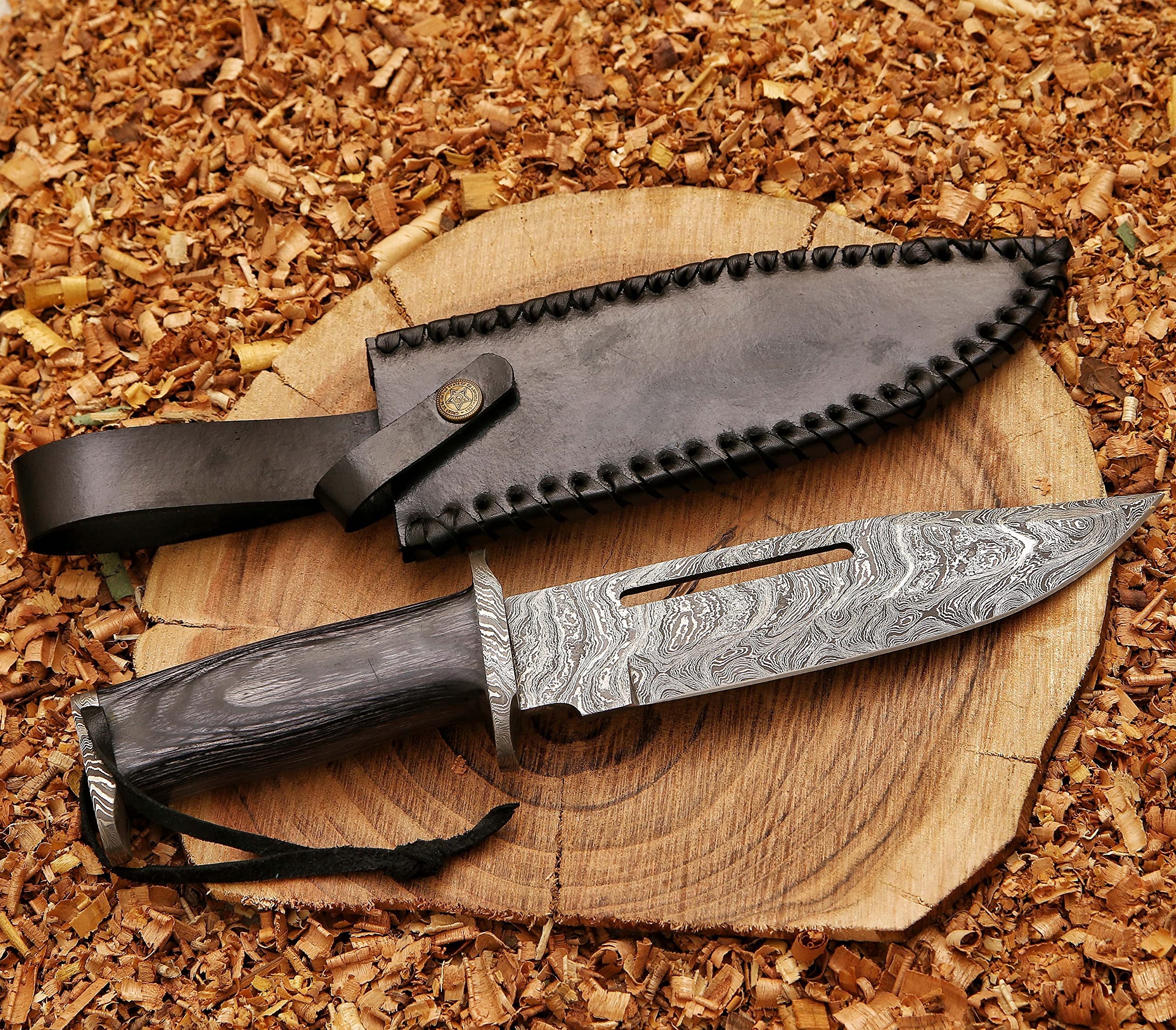 HK Handmade 13″Hunting Bowie Knife,Forged Damascus Bushcraft knife,knives for men with gray pakkawood Handle & leather sheath,damascus knife best for Outdoor & Indoor Camping,Survival,Skinning