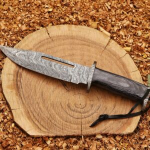 HK Handmade 13″Hunting Bowie Knife,Forged Damascus Bushcraft knife,knives for men with gray pakkawood Handle & leather sheath,damascus knife best for Outdoor & Indoor Camping,Survival,Skinning