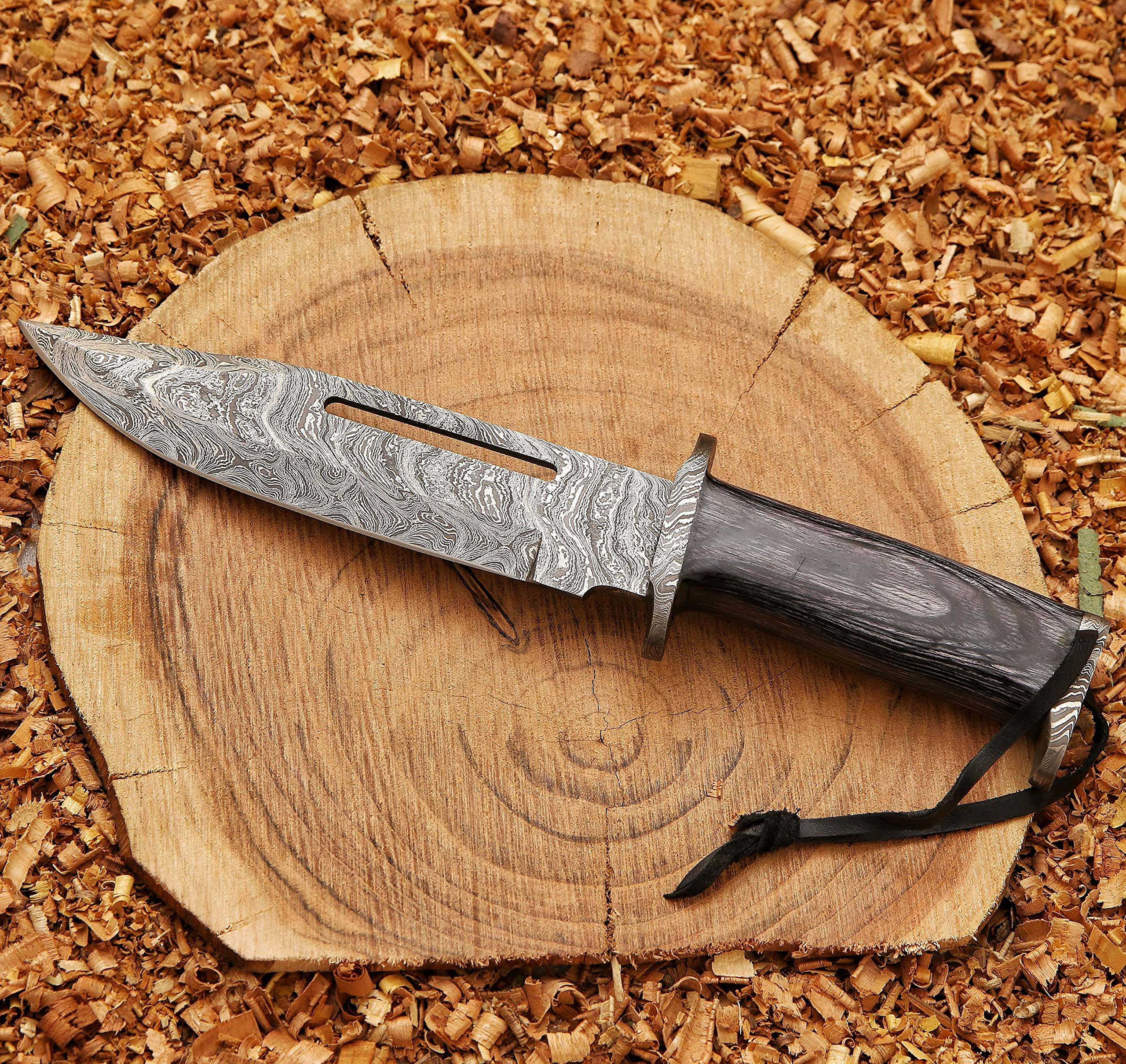 HK Handmade 13″Hunting Bowie Knife,Forged Damascus Bushcraft knife,knives for men with gray pakkawood Handle & leather sheath,damascus knife best for Outdoor & Indoor Camping,Survival,Skinning