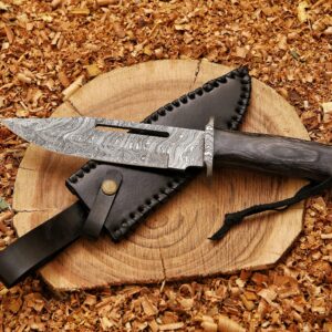 HK Handmade 13″Hunting Bowie Knife,Forged Damascus Bushcraft knife,knives for men with gray pakkawood Handle & leather sheath,damascus knife best for Outdoor & Indoor Camping,Survival,Skinning