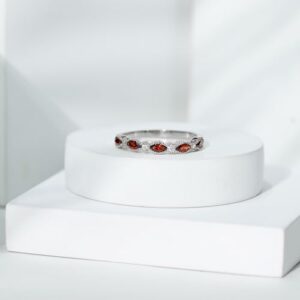 Natural Garnet Diamond Half Eternity Ring for Women, Aaa Quality, Wedding Anniversary Eternity Ring - With Jewelry Box, 14K White Gold, Size:US 6.00