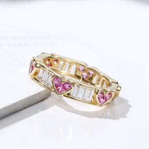 HUKQBUNX 18K Gold Peach Heart Wreath Ring Amethyst CZ Square Crystal Zircon Diamond Ring Women's Precious Fashion Wedding Engagement Couple Ring Size 6-10 (Size 7)