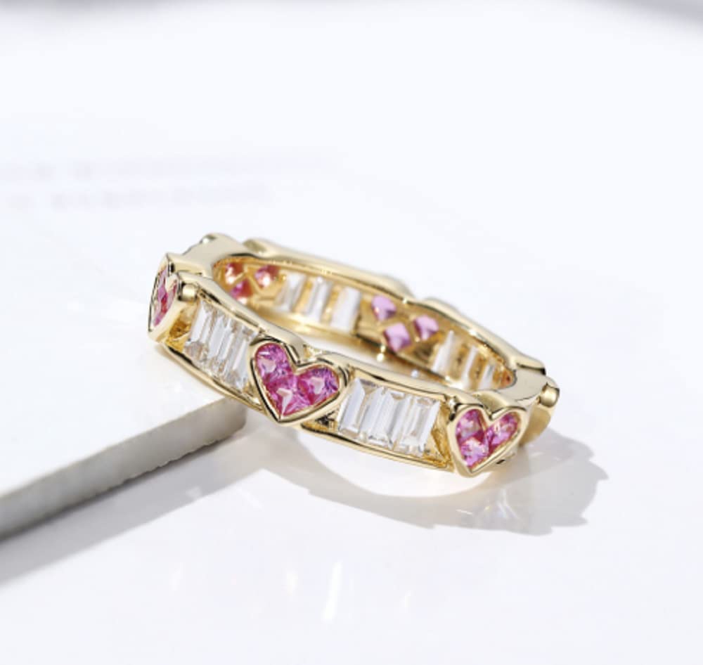 HUKQBUNX 18K Gold Peach Heart Wreath Ring Amethyst CZ Square Crystal Zircon Diamond Ring Women's Precious Fashion Wedding Engagement Couple Ring Size 6-10 (Size 7)