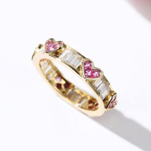 HUKQBUNX 18K Gold Peach Heart Wreath Ring Amethyst CZ Square Crystal Zircon Diamond Ring Women's Precious Fashion Wedding Engagement Couple Ring Size 6-10 (Size 7)