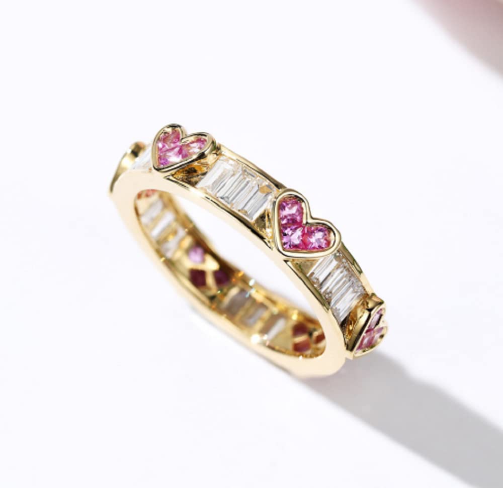 HUKQBUNX 18K Gold Peach Heart Wreath Ring Amethyst CZ Square Crystal Zircon Diamond Ring Women's Precious Fashion Wedding Engagement Couple Ring Size 6-10 (Size 7)