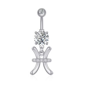 14G Dangle Belly Zodiac Signs Button Ring Silver Plated Clear CZ Zircon Stainless Steel Cute Belly Piercing Jewelry Pisces