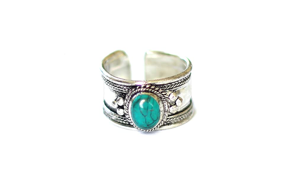 Boho Blue Stabilized-Turquoise Adjustable Cuff Ring | Stainless Steel Statement Jewelry from Nepal