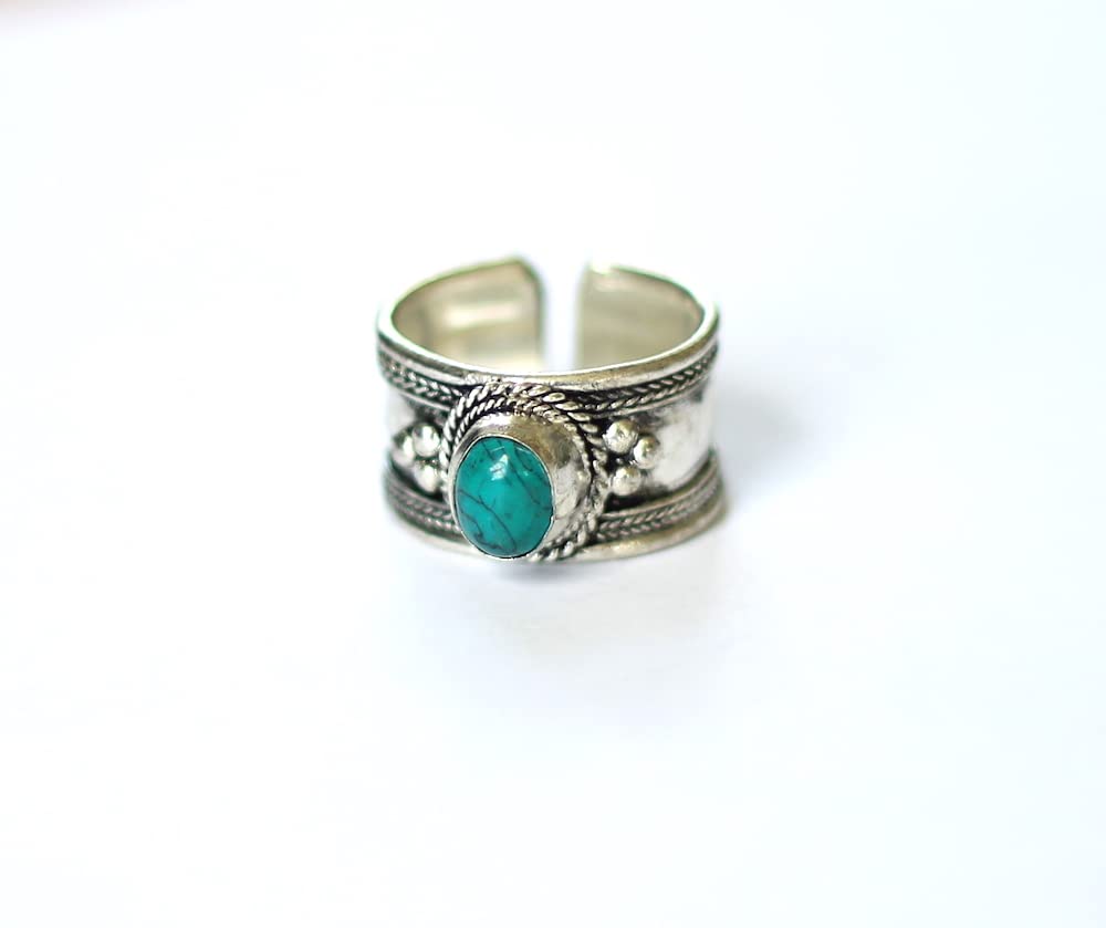 Boho Blue Stabilized-Turquoise Adjustable Cuff Ring | Stainless Steel Statement Jewelry from Nepal