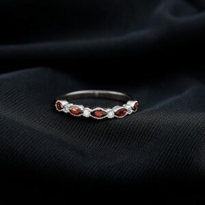 Natural Garnet Diamond Half Eternity Ring for Women, Aaa Quality, Wedding Anniversary Eternity Ring - With Jewelry Box, 14K White Gold, Size:US 6.00