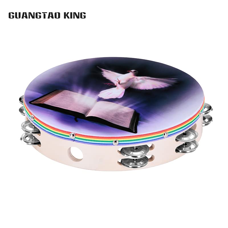 GuangTao king Tambourine 10 inch peace Dove Bible Double Row Handbell Clap Drum Tambourine for Pray Church Party Musical Instrument Zebra Sounds