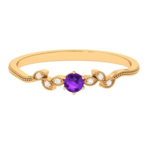 Natural Amethyst Diamond Promise Ring for Women - Pre Engagement Ring, 5 MM Round Amethyst Solitaire Ring, AAA Quality, 14K Yellow Gold, Size:US 8.00