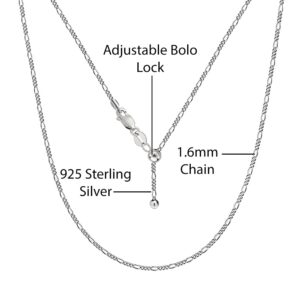 Savlano 925 Sterling Silver Italian Solid 1.6MM Figaro Adjustable Bolo 14-24 Inch Chain Necklace For Women - Made in Italy Comes With a Gift Box (White)