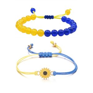 Pingyongchang Ukraine Flag Bracelet with Natural Crystal Bracelet Adjustable Bangles Set Ukrainian Yellow Blue Bracelet Hand Braided Bracelet for Men Women Unisex-2pcs