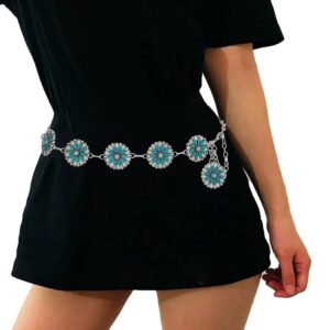 Navoky Turquoise Chain Belts Concho Belt Silver Metal Western Waist Chain Retro Boho Outfit Accessories for women (A, Medium)