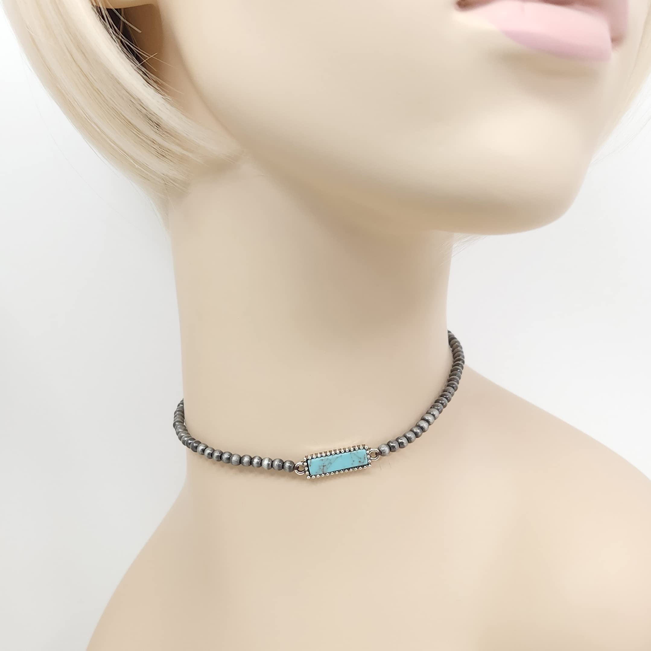 Turquoise Stone Silvertone Pendant Faux Navajo Pearl Choker Necklace 12 Inch (Rectangle Bar)