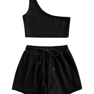 Verdusa Women's One Shoulder Tank Top and Lounge Shorts 2 Piece Tracksuit Set Black M