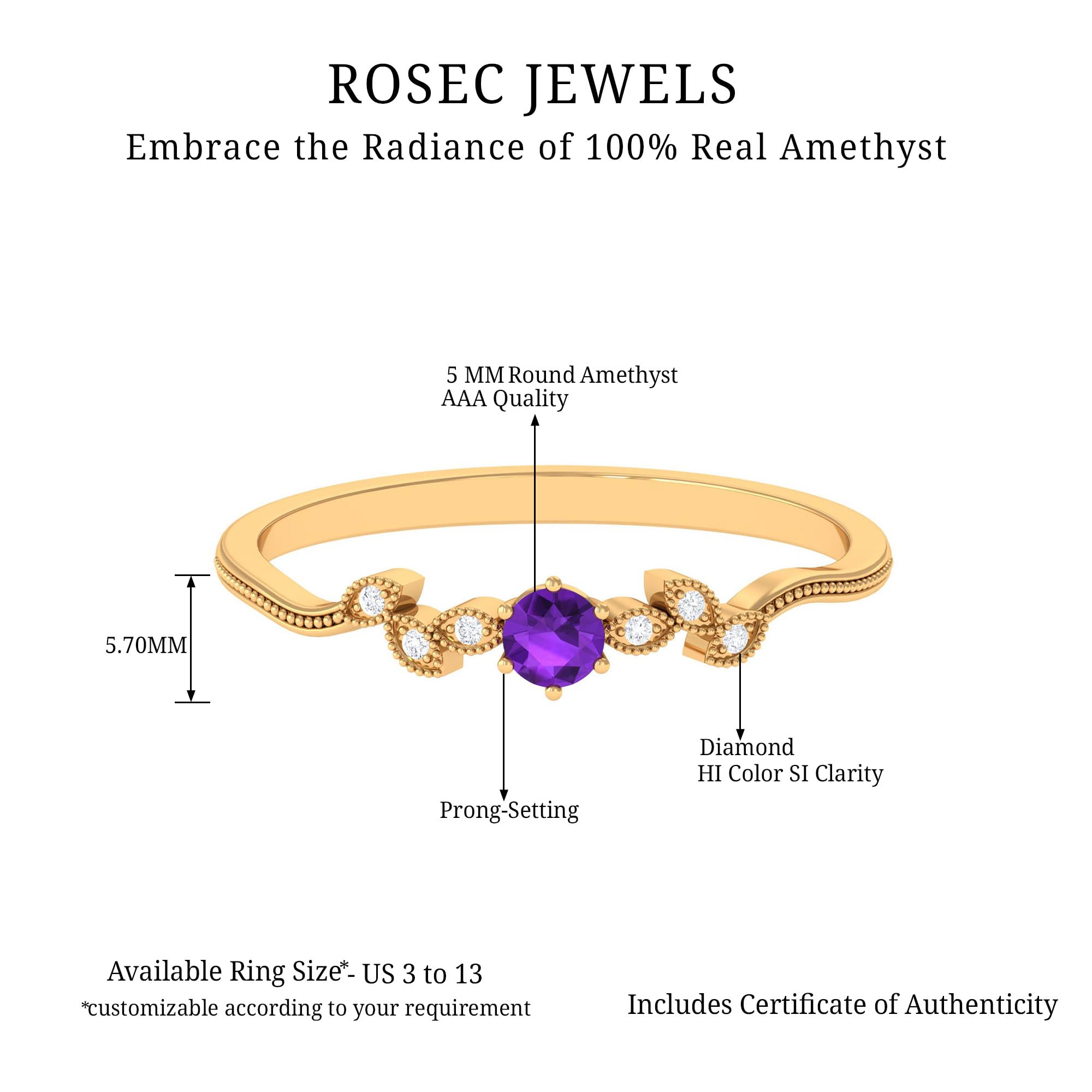 Natural Amethyst Diamond Promise Ring for Women - Pre Engagement Ring, 5 MM Round Amethyst Solitaire Ring, AAA Quality, 14K Yellow Gold, Size:US 8.00