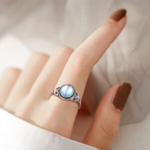 ADRAMATA 925 Sterling Silver Moonstone Ring for Women 18K White Gold Plated Rainbow Moon Stone Rings Victorian Style Gemstone Solitaire Oval Moonstone Ring Size 8