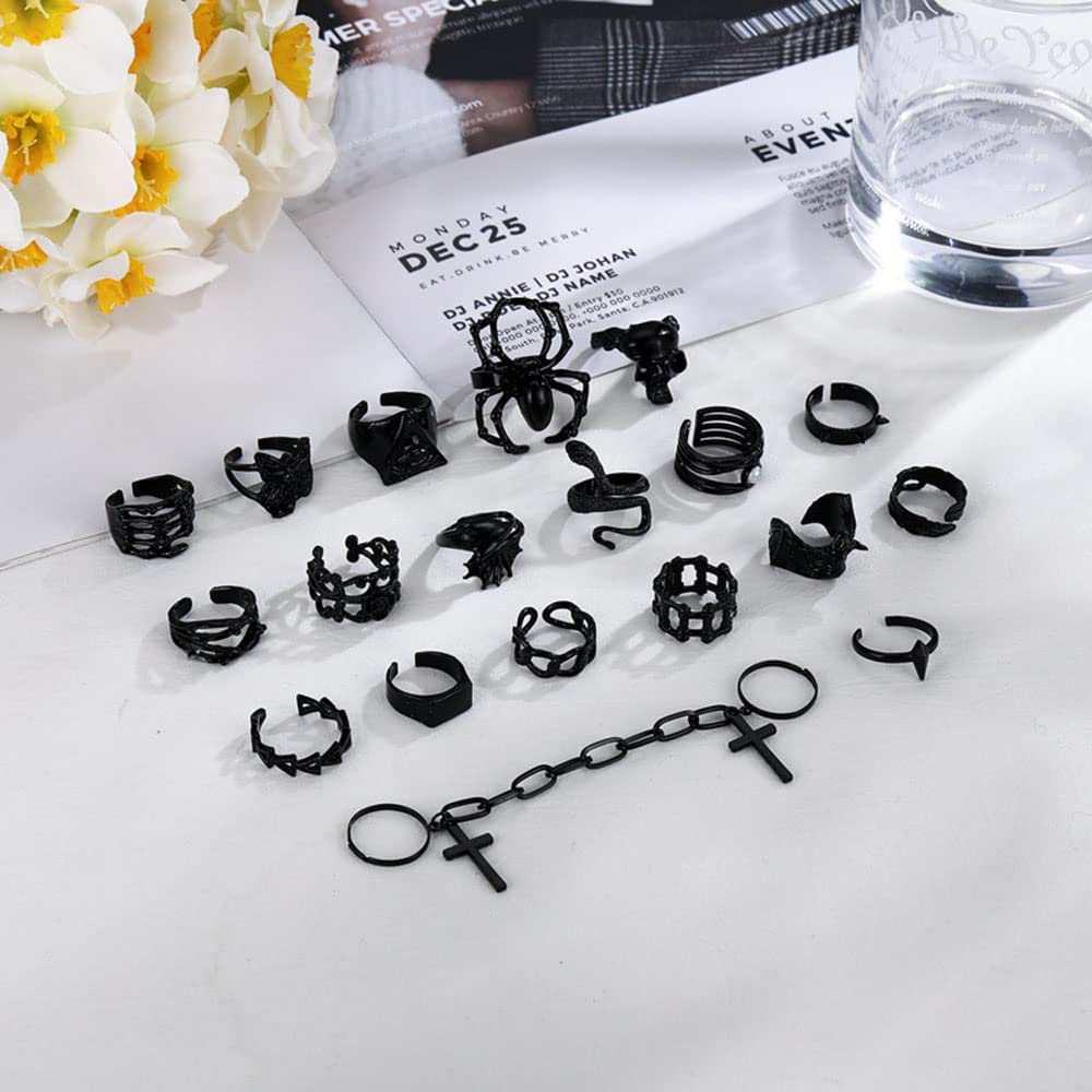 Asphire Gothic Black Knuckle Rings Set 19pcs Punk Spider Bat Skull Dragon Snake Stacking Finger Ring Band Hip Hop Costume Party Gift Accessories for Women Teens Girls