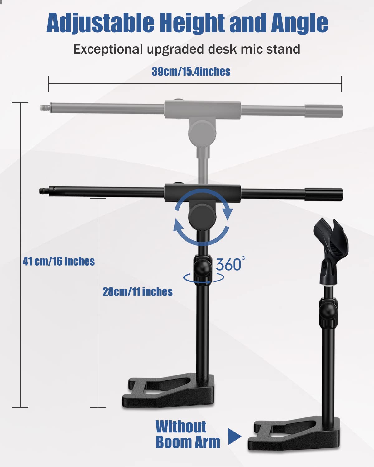 Mictop Desktop Microphone Stand, Adjustable Mic Stand with Boom Arm, Mic Clip Holder and 3/8" to 5/8" Screw Adapter for Dynamic Microphone and Blue Snowball, Blue Yeti, Kick Drums, Guitar Amps