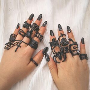 Asphire Gothic Black Knuckle Rings Set 19pcs Punk Spider Bat Skull Dragon Snake Stacking Finger Ring Band Hip Hop Costume Party Gift Accessories for Women Teens Girls