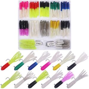 tube bait crappie lures tube jigs heads panfish kit crappie bait fishing lure gear small soft plastic worm baits for freshwater pan fish trout tackle set bluegill 130 piece kits 120 bodies 10 jigheads