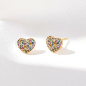 ATSOURCE Pave Stud Earrings Heart - Heart Shaped Stud Full of 45Pcs Multicolor Crystal - Gift for Sisters, Lover (Gold-Multicolor)