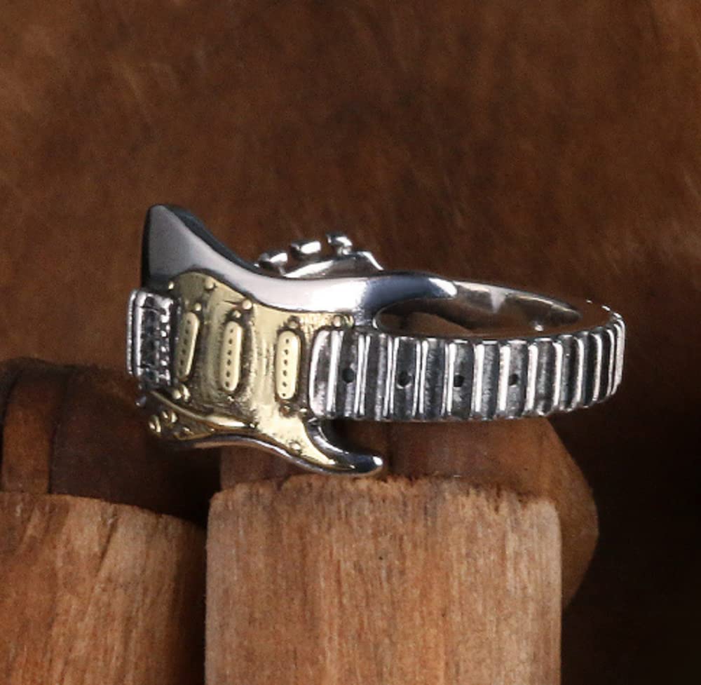 HUKQBUNX 925 Sterling Silver Men's Fashion Opening Electric Guitar Music Personality Hip hop Rock Style Domineering Ring