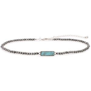 Turquoise Stone Silvertone Pendant Faux Navajo Pearl Choker Necklace 12 Inch (Rectangle Bar)