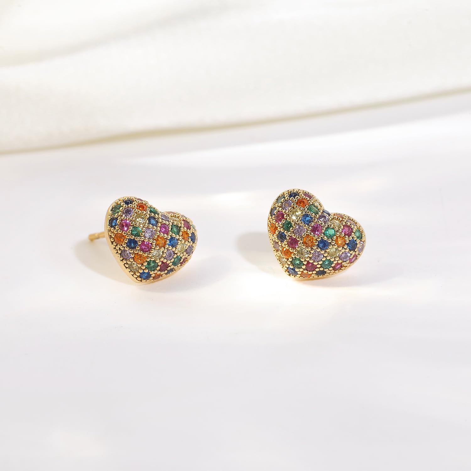 ATSOURCE Pave Stud Earrings Heart - Heart Shaped Stud Full of 45Pcs Multicolor Crystal - Gift for Sisters, Lover (Gold-Multicolor)